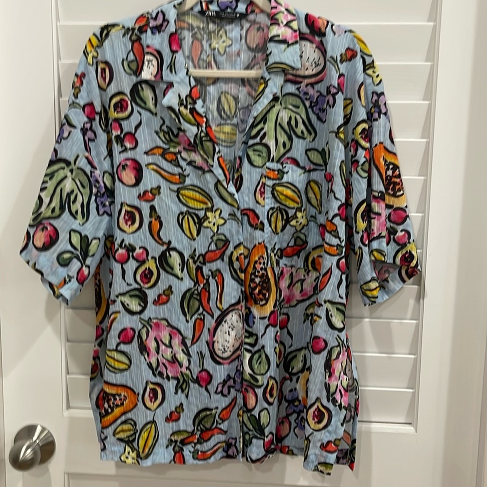 Zara oversized print fruits shirt with light blue background